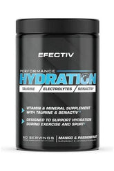 Efectiv Nutrition Performance Hydration powder for hydration with vitamins, minerals, taurine, and Senactiv in mango passionfruit flavor.